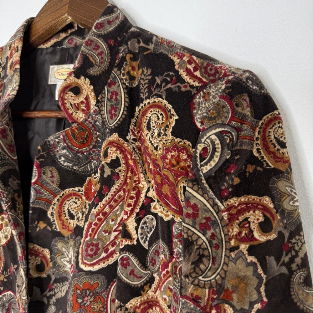 Talbots Jacket Womens 8 Black Paisley Cotton Silk Blend Velvet Blazer Collarless